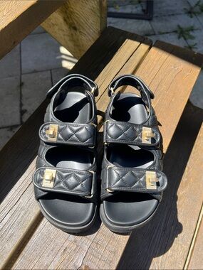 Black Quilted Strap Sandals with Gold Accents